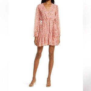 Chelsea 28 Pink White Floral Faux Wrap Girly Feminine Chiffon Dress Medium